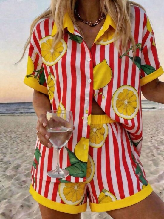 MODA ME COUTURE Tops - Red Casual Women's Striped Short Sleeve Shirt And Shorts Suit